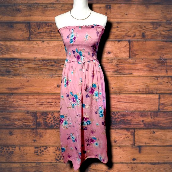 Strapless Pink Floral Maxi Dress with Pockets! - Picture 1 of 5